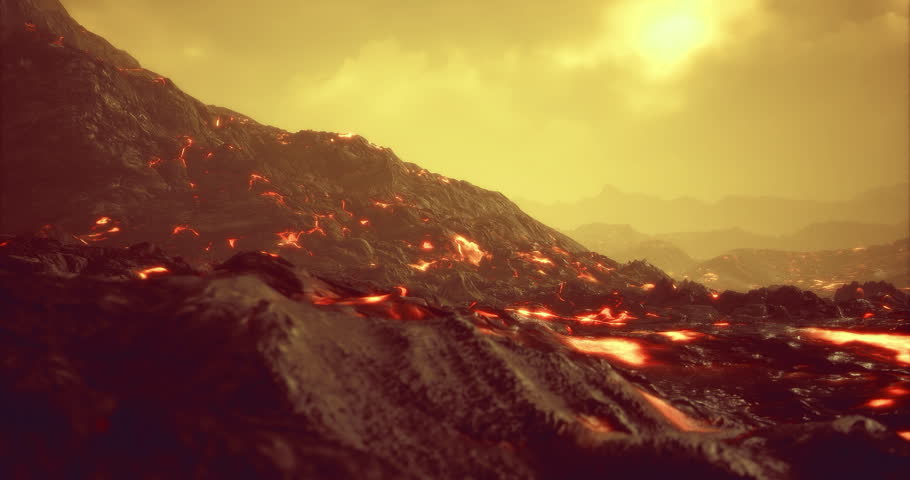 Lava flows across a rugged volcanic terrain, illuminated by a yellow sky. The molten rock creates a stark contrast with the surrounding dark landscape, conveying intense heat and power.