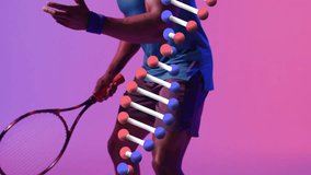 Playing tennis, athlete with DNA strand animation overlay in dynamic action. Sports, technology, genetics, biometrics, motion, analysis - Powered by Shutterstock - Get 15% off with code: PIKWIZARD15