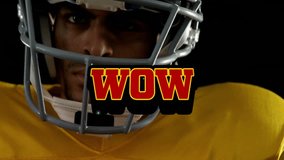 Wearing helmet, football player with bold WOW text overlay in animation. Sports, athlete, action, motion, competitive, game - Powered by Shutterstock - Get 15% off with code: PIKWIZARD15
