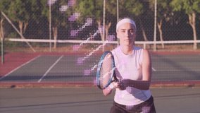 On court, tennis player hitting ball with animation of digital data overlay. technology, athlete, sports, data analytics, motion, innovation - Powered by Shutterstock - Get 15% off with code: PIKWIZARD15