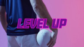 Level up text animation over person holding ball against pink background. creativity, digital, typography, gaming, design, graphics - Powered by Shutterstock - Get 15% off with code: PIKWIZARD15