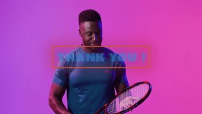 Holding tennis racket, smiling man in animation with Thank You! text overlay. gratitude, happiness, sport, cartoon, appreciation, character - Powered by Shutterstock - Get 15% off with code: PIKWIZARD15