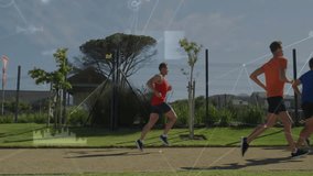 Jogging in park, four men with animation of digital network connections. Fitness, technology, exercise, networking, outdoors, teamwork - Powered by Shutterstock - Get 15% off with code: PIKWIZARD15