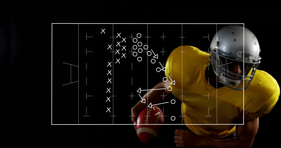 Holding ball, American football player showing play strategy diagram animation. Sports, teamwork, coaching, athlete, competition