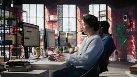 Customer support workers assist customers with technical issues by diagnosing problems. Call center agents wearing headphones in office doing deescalation and complaint resolution - Powered by Shutterstock - Get 15% off with code: PIKWIZARD15