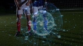 Soccer players in action with digital globe and data overlay animation. Sports, dynamic, team, competition, global, technology - Powered by Shutterstock - Get 15% off with code: PIKWIZARD15