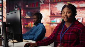 Call center employee handling customer concerns, doing complaint resolution using AI. Persuasive customer service agents contact clients, doing upselling using artificial intelligence - Powered by Shutterstock - Get 15% off with code: PIKWIZARD15