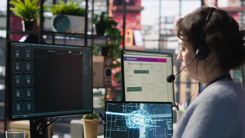 Worker providing live chat support, typing on keyboard, using AI chatbot to handle clients complaints. Call center agent dealing with unsatisfied customers using artificial intelligence LLM, camera A