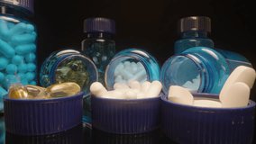 Hand Holding a Single White Capsule Above Blue Lids Containing Pills and Surrounded by Supplement Bottles, Macro View on Black Background - Powered by Shutterstock - Get 15% off with code: PIKWIZARD15