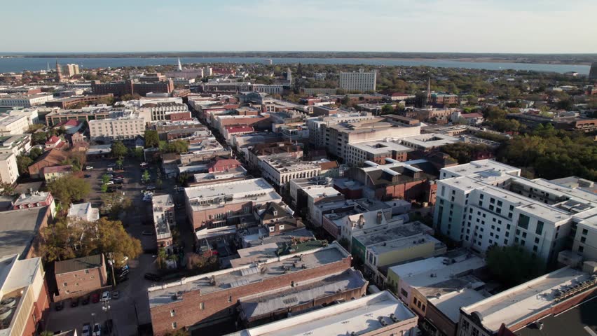 Drone view of King Street in historic downtown Charleston, South Carolina, 4K