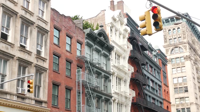 New York City Manhattan Soho fashion district Broom, Crosby streets, Broadway. USA urban building facade, old classic american architecture in NYC, United States. Business and residential real estate.