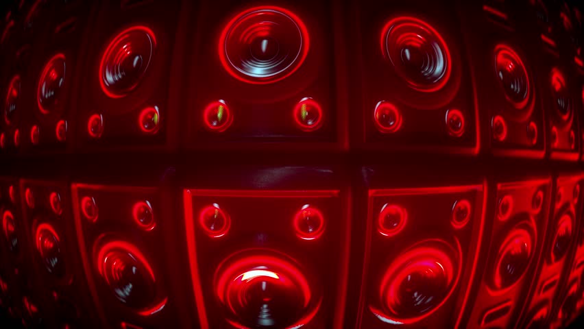 Dynamic Array of Red Speakers Vibrant and Energetic Atmosphere with Fisheye Lens Effect Enhancing Immersive Sound Experience and Futuristic Visuals