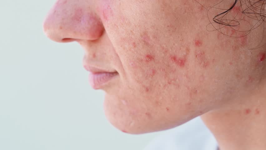 A young girl with problematic sensitive skin, suffering from acne, post-acne. Dermatological problems
