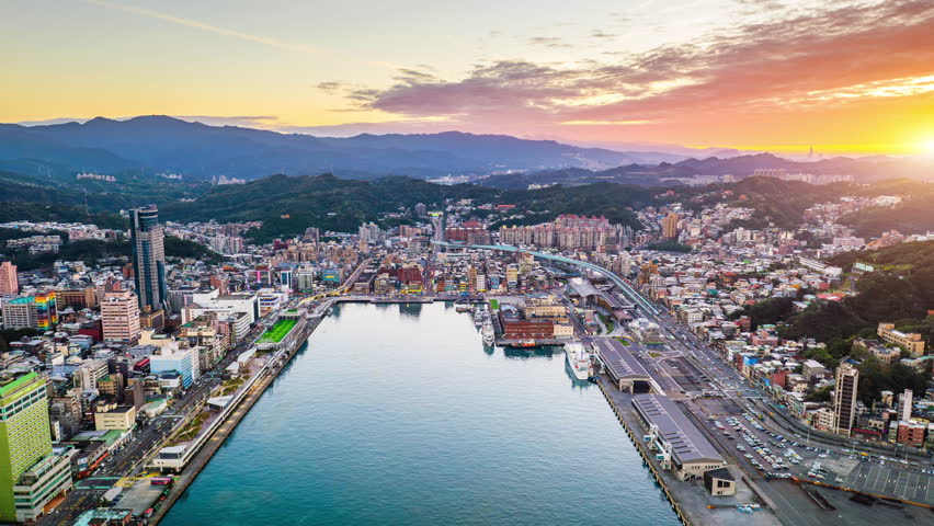 Aerial view of Keelung city and traffic in Taiwan.