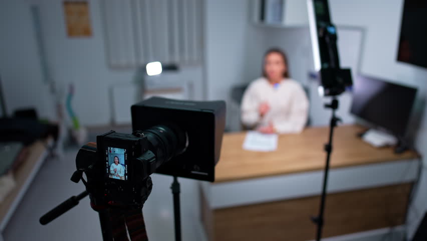 Woman holding one hand on the chest and another one on the stomach talks to camera. Female blogger filming content for health blog.