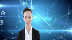 Yawning businesswoman with digital network connections and data visualization in office. technology, innovation, networking, analytics, corporate, entrepreneur - Powered by Shutterstock - Get 15% off with code: PIKWIZARD15