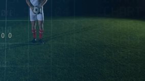 Observing animation of stock market text over soccer player with graph in background. Finance, sports, investment, trading, analytics, motion - Powered by Shutterstock - Get 15% off with code: PIKWIZARD15