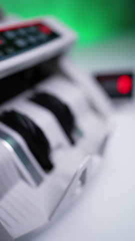 Working cash counting machine. Fifty euro banknotes are counted in bank equipment. Close up. Vertical video.