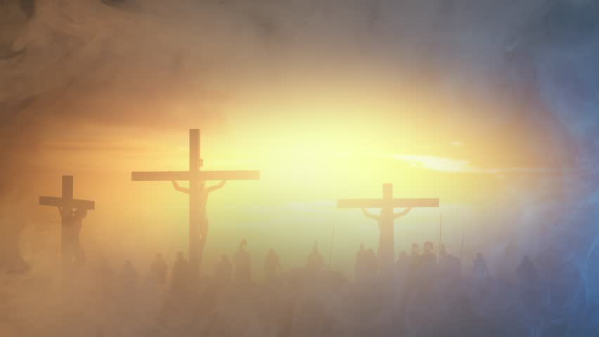 Golgotha crucifixion of Jesus Christ, large crowd watching the crucifixion 3D render