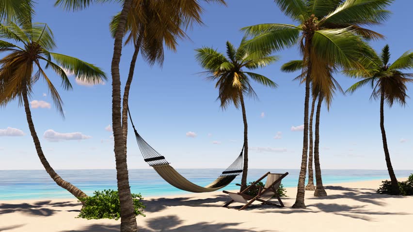 Vacation on a tropical island in the ocean with palm trees and sea.