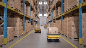 Warehouse Digitization and Digital Automation: AGV robots transporting cardboard boxes in logistics center. Graphic effects visualize optimized warehouse management. 3d rendering animation. - Powered by Shutterstock - Get 15% off with code: PIKWIZARD15