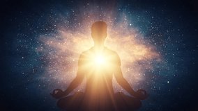 Silhouette of meditating man with bright light in his chest against starry night sky background - Powered by Shutterstock - Get 15% off with code: PIKWIZARD15