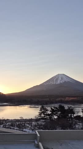 Mount Fuji sunrise timelapse in winter at Lake Shoji portrait shot
