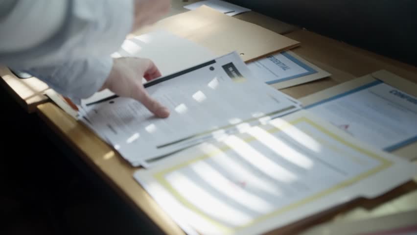 Spy or secret agent reviews classified documents spread across office desk, discreetly snapping photos with smartphone. espionage, covert operations, and intelligence gathering, surveillance. thief