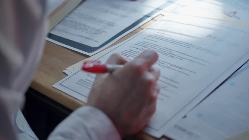 Man sits at desk, reviewing confidential papers and marking key points with red marker. Agent, investigator, lawyer, or student working with sensitive material. Investigation, research, academic study