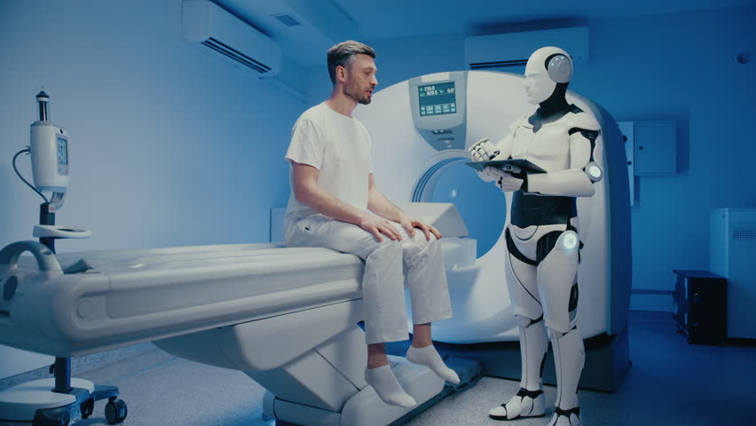 Caucasian patient sitting on scanner bed explaining symptoms to humanoid robot. Futuristic AI assistant standing upright analyzing data while preparing for medical evaluation on tablet device.