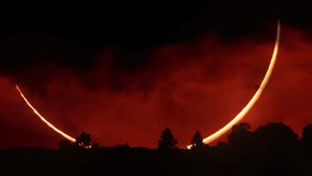 Epic cinematic shot of a huge crescent sun during a solar eclipse at sunset. Captured near the horizon with forest silhouette and intense colors. Scenic view for nature, science, or dramatic visuals. - Powered by Shutterstock - Get 15% off with code: PIKWIZARD15