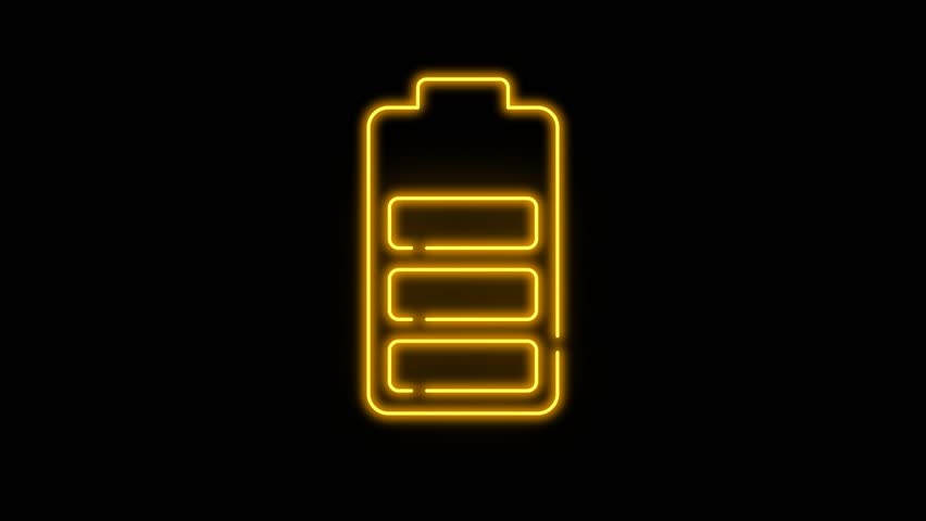 Neon battery animation showing fast charging, full, and low power states with flickering and glowing effects. Ideal for UI and UX, futuristic interfaces, energy visuals, and tech-themed projects.
