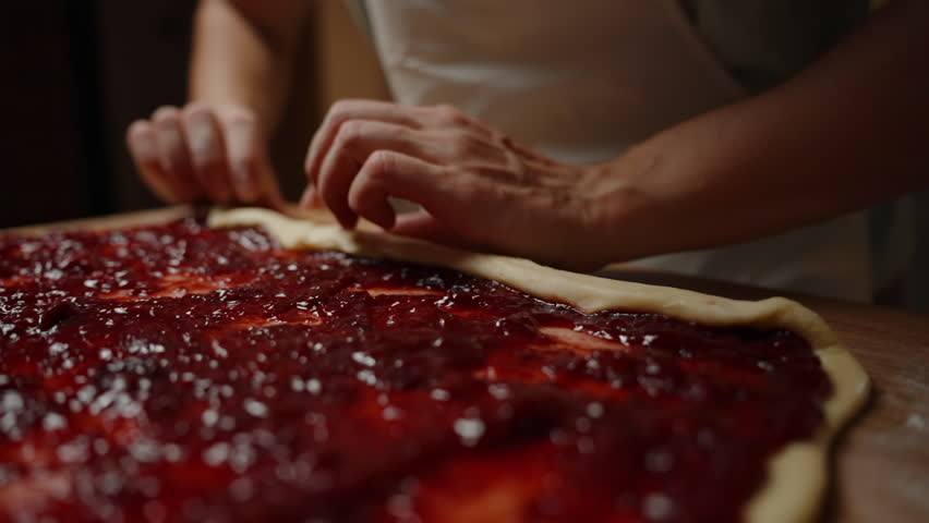 Rolling Dough Filled with Cherry Jam into a Tight Roll, Preparing to Cut into Individual Rolls. Slow motion.