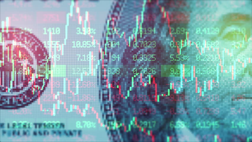 Stock market chart prices. Benjamin Franklin on the 100 dollars banknote background. Financial indexes candlestick graph. Investment analysis and currency exchange concept. American banks and economy