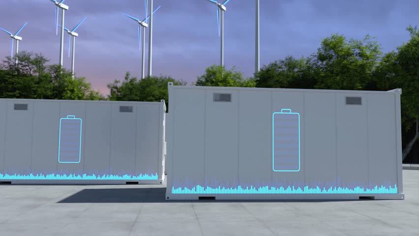 Energy storage systems with battery display, Net zero emissions concept.