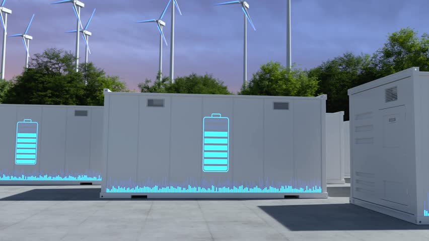 Energy storage systems with battery display, Net zero emissions concept.