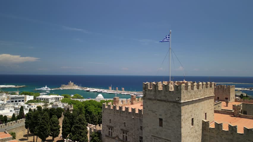 The capital of the island of Rhodes, the city of Rhodes in Greece from a drone