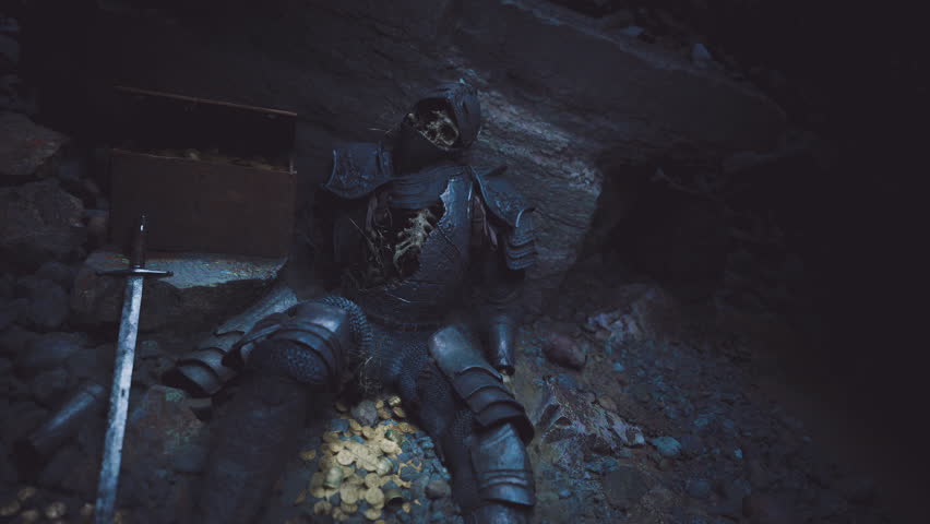 In a dimly lit cave, a long dead knight rests among gold coins and relics. The knights skeletal remains are clad in rusted armor, suggesting a tragic past filled with adventure and danger.
