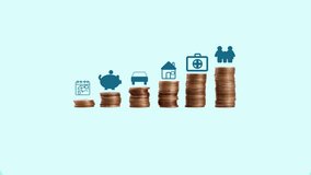 Finance, abstract and coin stack with icon for capital gain, investment and increase in savings. Financial security, economy and graphic of growth with symbol for money, budget or allocation of funds - Powered by Shutterstock - Get 15% off with code: PIKWIZARD15