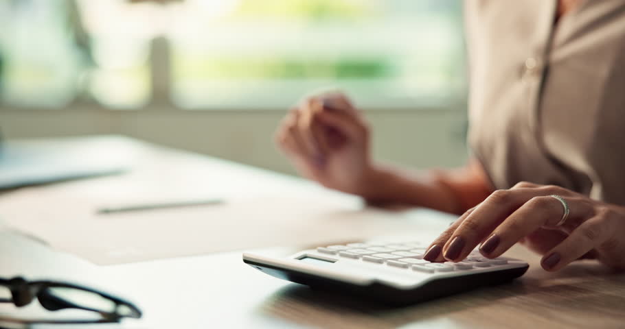 Hands, signature and calculator as accountant with payroll, investing and audit for finance agency. Person, bookkeeping and corporate taxes for loan, paperwork and review as asset management for bank
