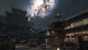 Beneath a vast night sky filled with stars, a traditional Japanese village comes alive with colorful lanterns and terraced buildings. A garden lantern adds charm to the tranquil ambiance. - Powered by Shutterstock - Get 15% off with code: PIKWIZARD15