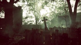A tranquil graveyard awakens at dawn, with sun rays breaking through dense trees. The gravestones stand quietly amidst fog, creating an eerie yet beautiful atmosphere. - Powered by Shutterstock - Get 15% off with code: PIKWIZARD15