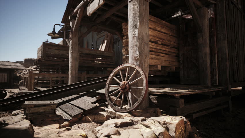 An old wooden town showcases weathered structures and a vintage wagon wheel resting on gravel. The clear blue sky adds to the timeless feel of this deserted location.