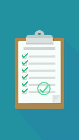 Animation of a clipboard appearing with a checklist with different control points that are all validated by a green check mark on blue background with long shadow in flat design style