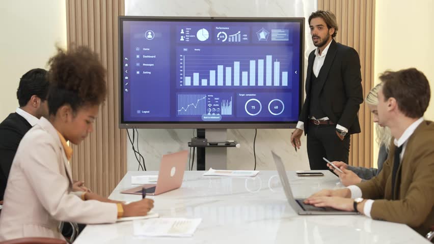 Presentation in office or ornament meeting room with analyst team utilize BI Fintech to analyze financial data. Businesspeople analyzing BI dashboard power display on TV screen for strategic planning - Powered by Shutterstock - Get 15% off with code: PIKWIZARD15