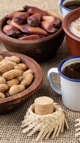 Typical brazilian june festival food over jute fabric. Festa junina.