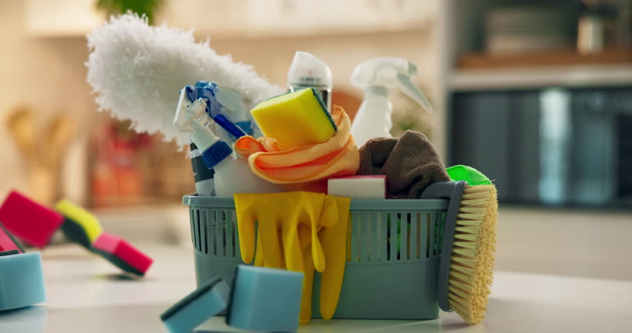 Rewind, cleaning service and housekeeping for hygiene, disinfectant and detergent in household. Equipment, materials and spray bottle for dust, germs and bacteria as sponge or tools on table surface