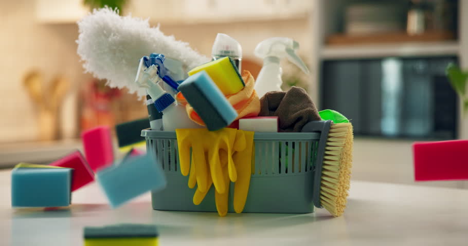 Rewind, cleaning service and housekeeping for hygiene, disinfectant and detergent in household. Equipment, materials and spray bottle for dust, germs and bacteria as sponge or tools on table surface