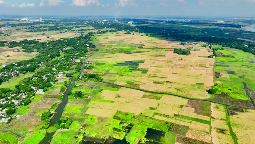 Vast agricultural landscape with lush fields, golden farmlands, narrow River, water bodies and Connecting Rural Village