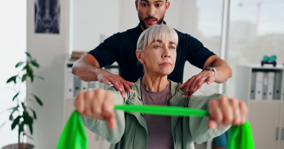 Clinic, old woman and physiotherapist with fitness band for stretching, wellness and healing for injury. Rehabilitation, patient and expert with advice for physiotherapy, arms recovery and exercise